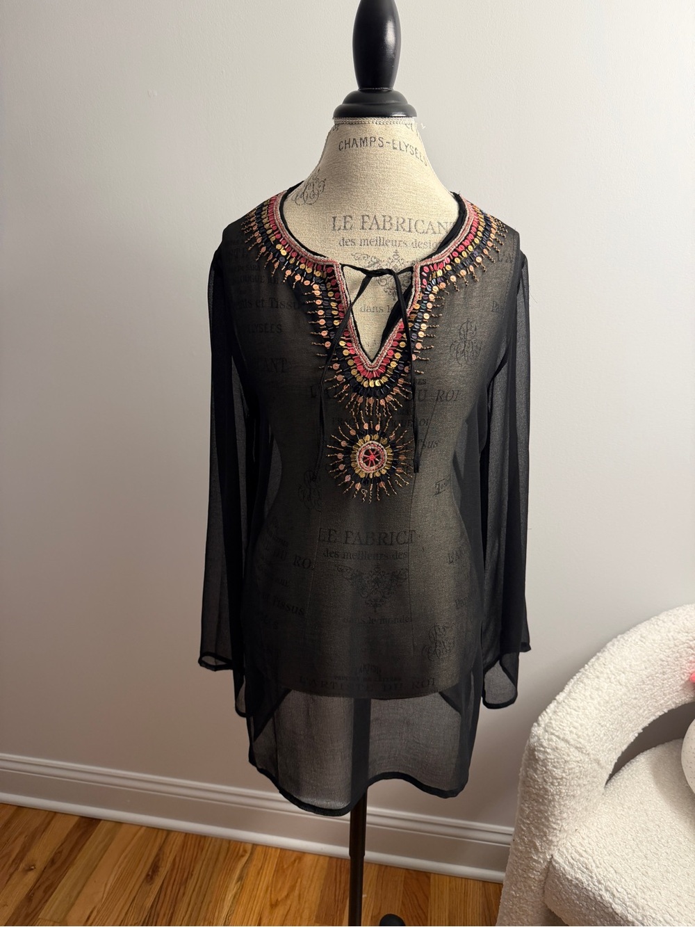 Embellished Black Sheer Swim Coverup with Pink and Gold Neck Detail